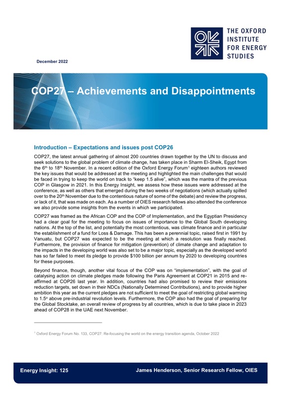 20221222 OIES COP27 Achievements and Disappointments